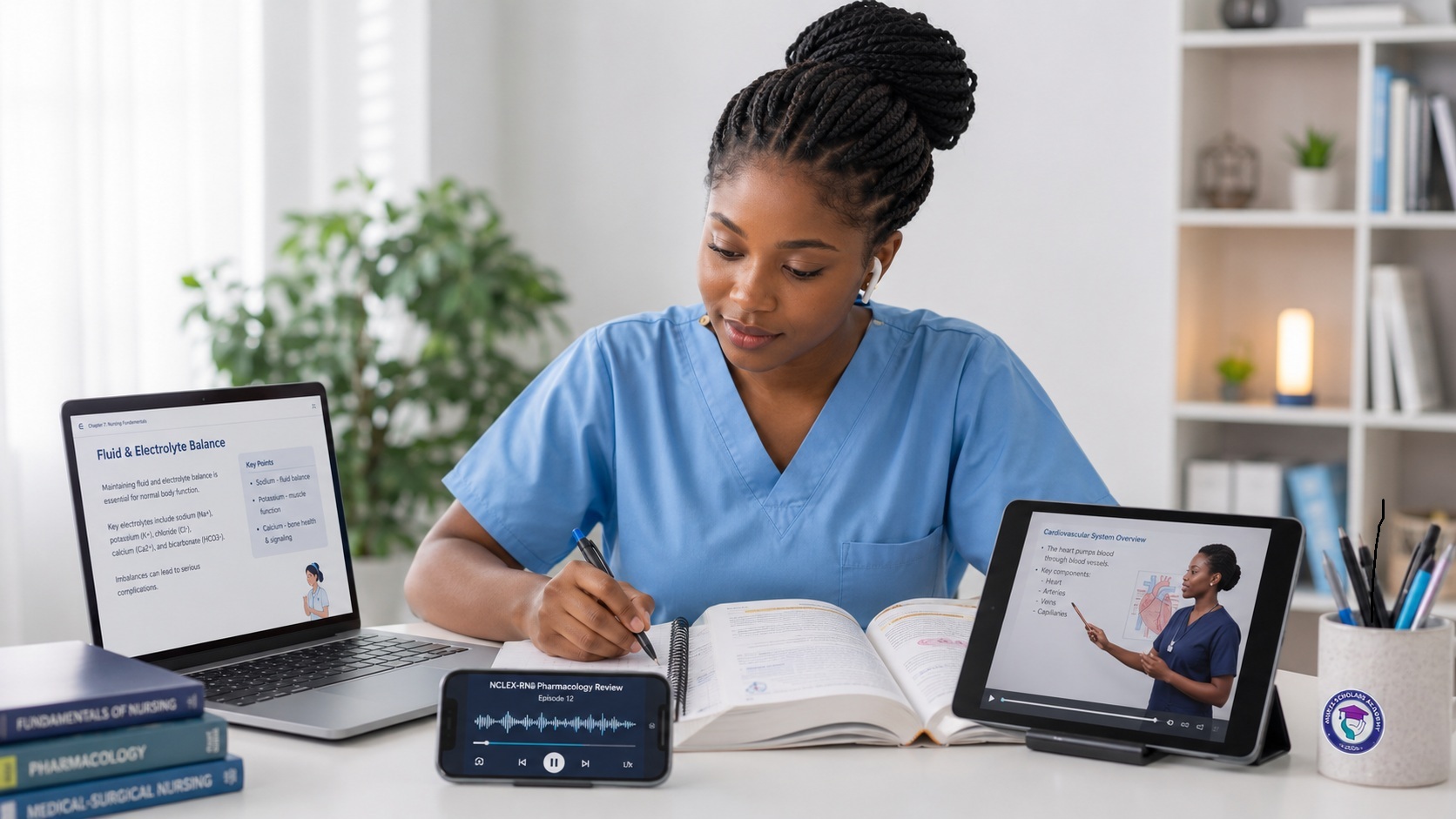 Student using a healthcare study device in a focused learning setting