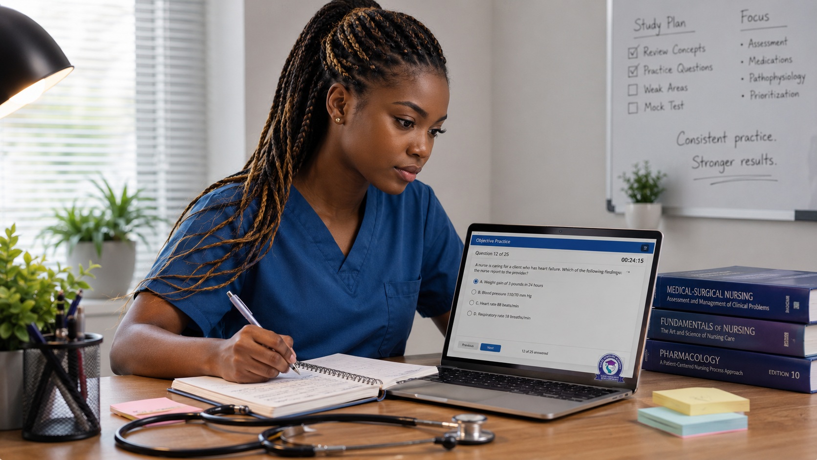 Healthcare student using a tablet for lesson review and objective question practice