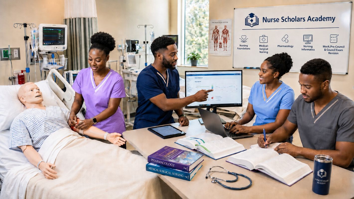 Healthcare student using digital tools for focused study and revision